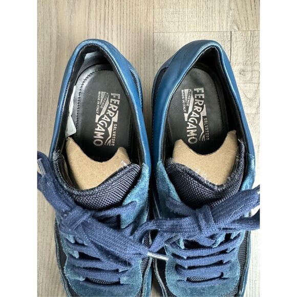 Salvatore Ferragamo Navy Blue Fabric and Leather Lace Up Low Top Sneakers Size 8 main image 6